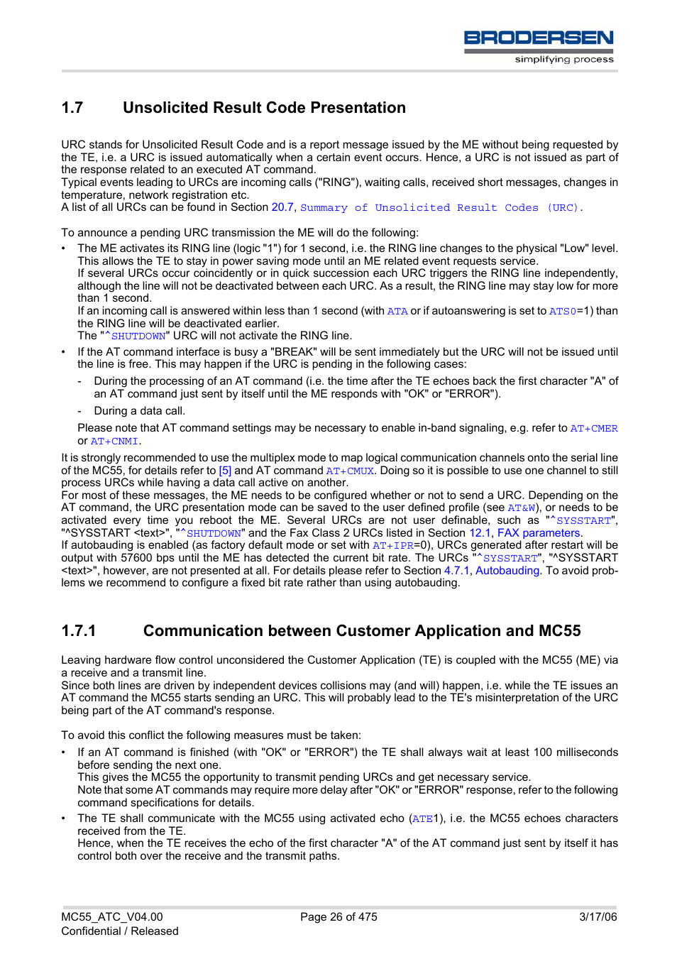 7 unsolicited result code presentation, Unsolicited result code presentation 1.7.1 | Siemens Brodersen MC55 AT User Manual | Page 26 / 475