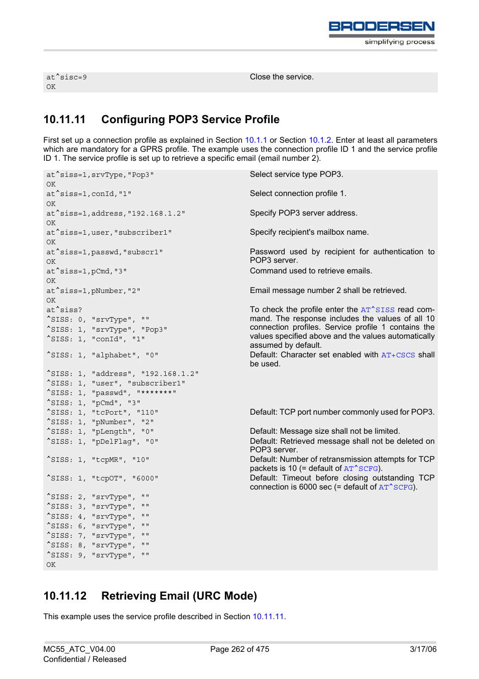11 configuring pop3 service profile, 12 retrieving email (urc mode) | Siemens Brodersen MC55 AT User Manual | Page 262 / 475