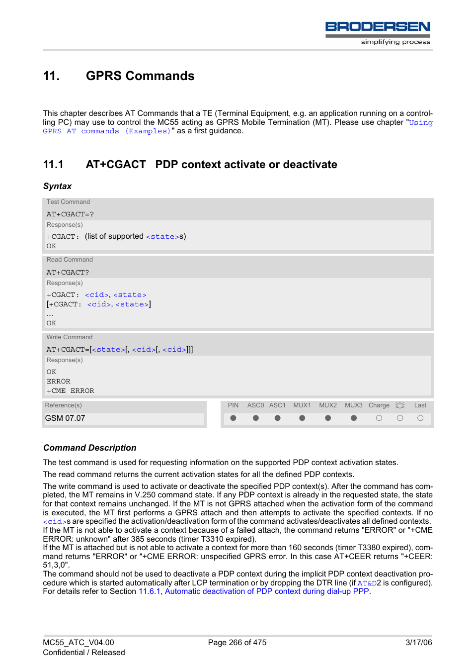 Gprs commands, 1 at+cgact pdp context activate or deactivate | Siemens Brodersen MC55 AT User Manual | Page 266 / 475