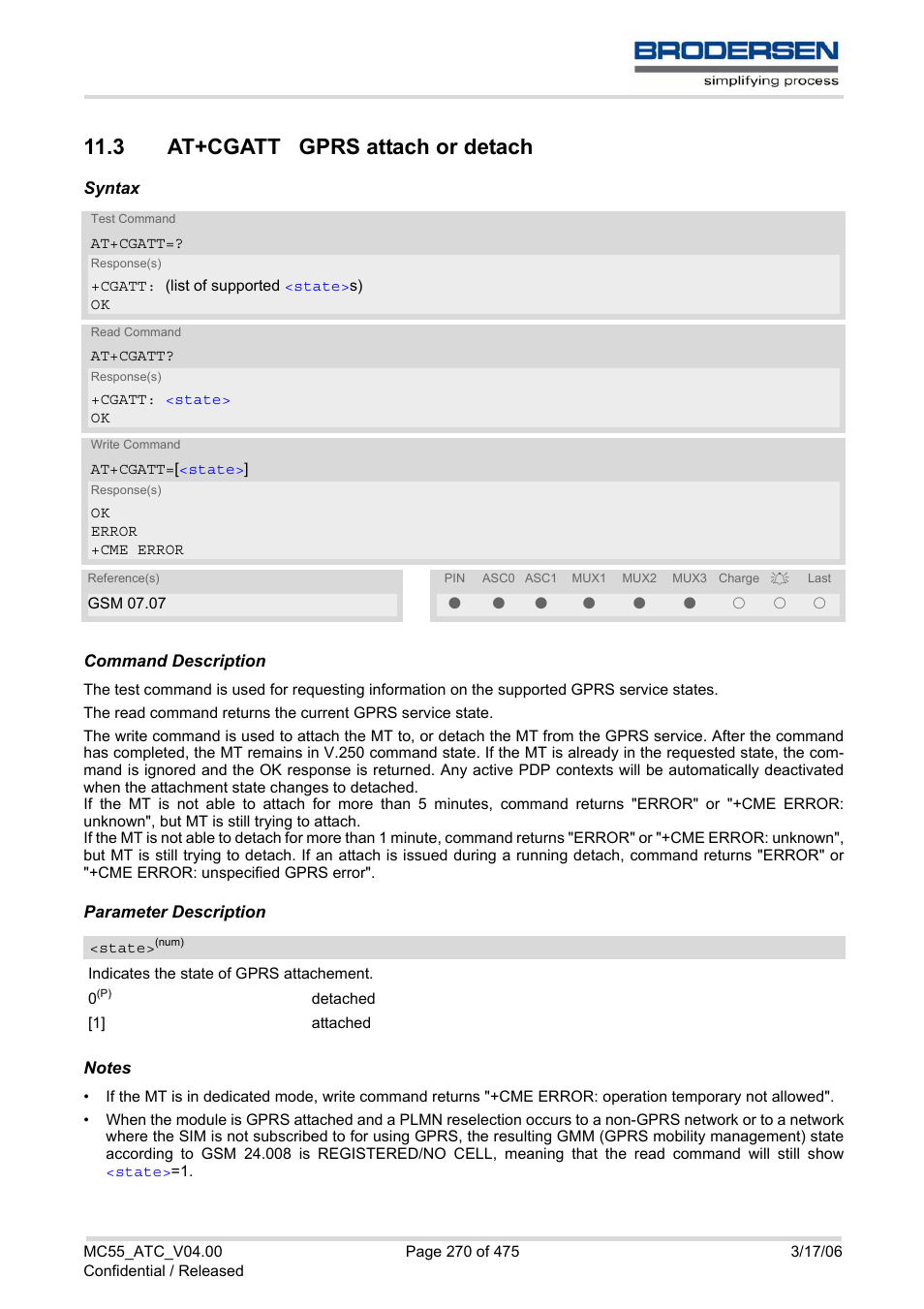 3 at+cgatt gprs attach or detach, At+cgatt | Siemens Brodersen MC55 AT User Manual | Page 270 / 475