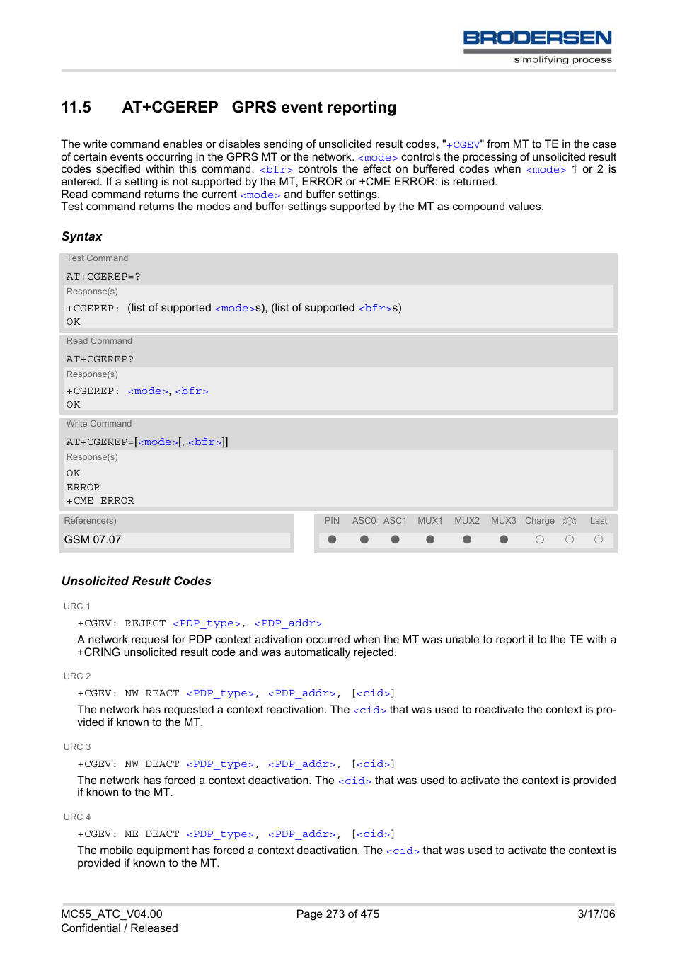 5 at+cgerep gprs event reporting | Siemens Brodersen MC55 AT User Manual | Page 273 / 475