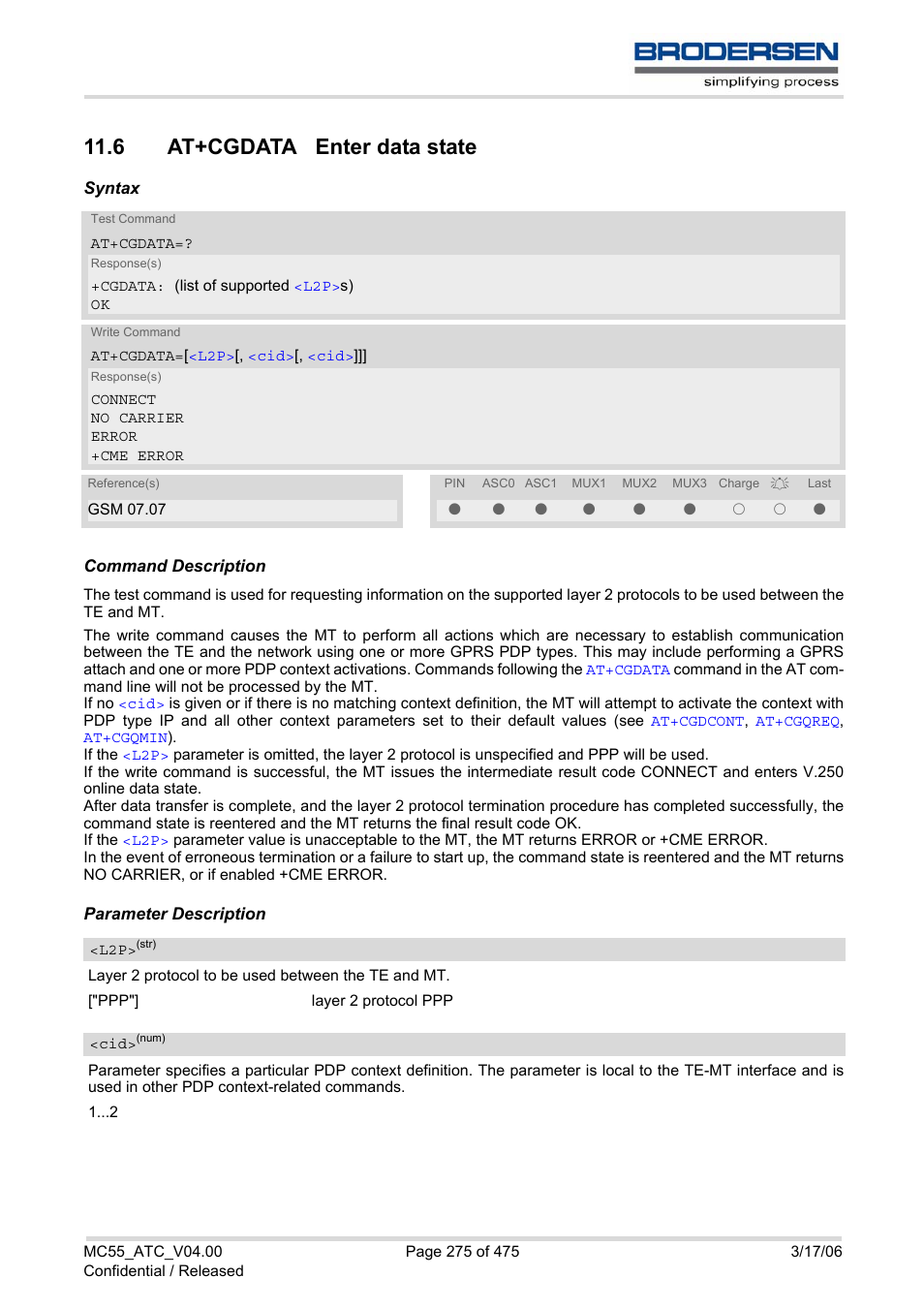 6 at+cgdata enter data state, At+cgdata | Siemens Brodersen MC55 AT User Manual | Page 275 / 475