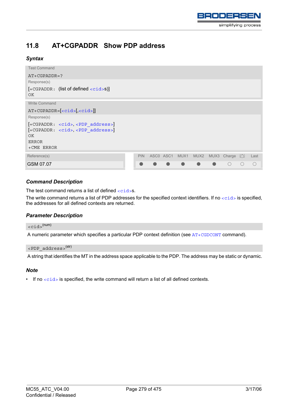 8 at+cgpaddr show pdp address, At+cgpaddr | Siemens Brodersen MC55 AT User Manual | Page 279 / 475