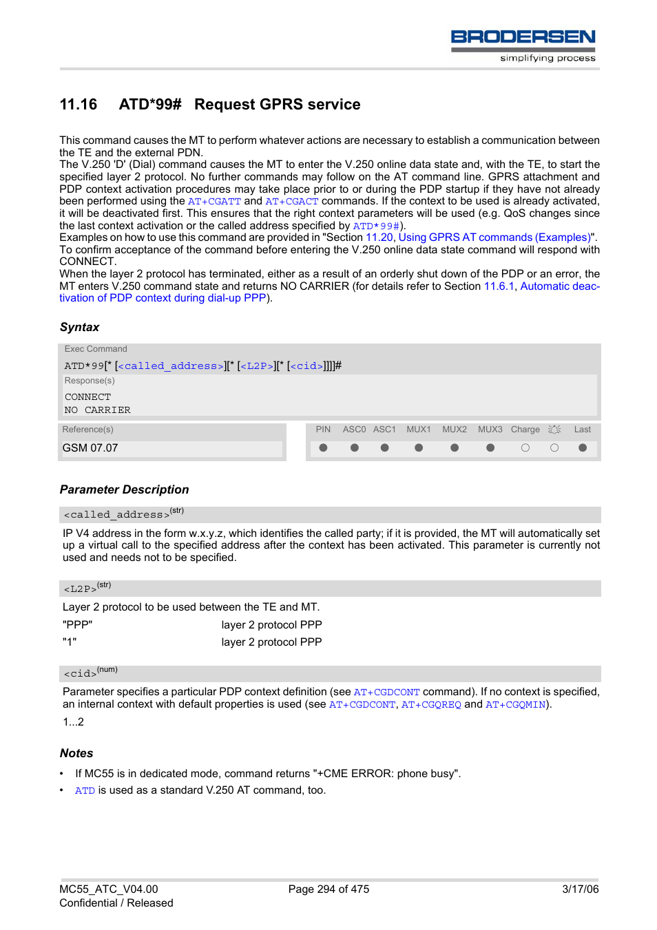 16 atd*99# request gprs service, Atd*99, Gprs | Siemens Brodersen MC55 AT User Manual | Page 294 / 475