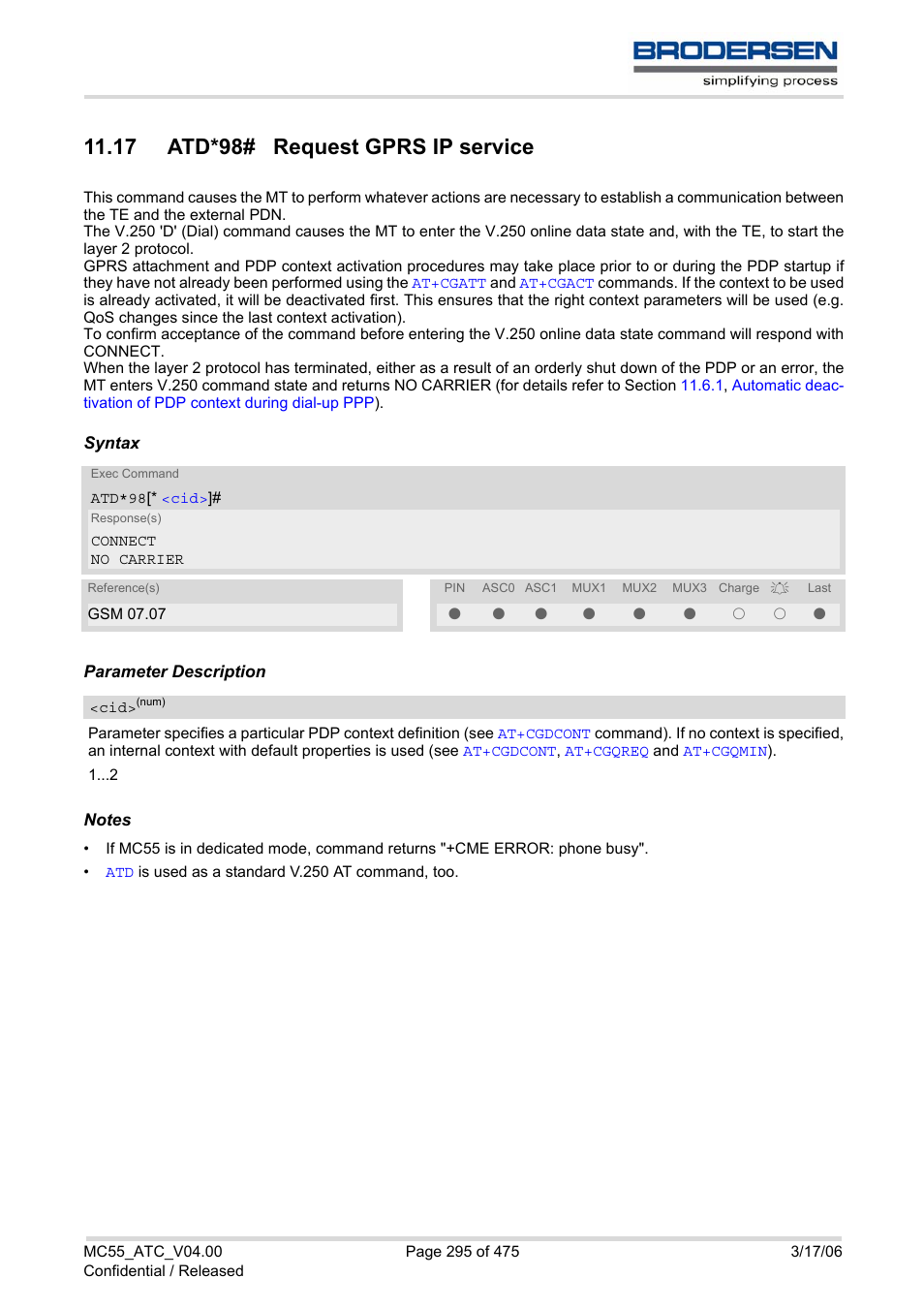 17 atd*98# request gprs ip service, Atd*98, The mt iss | Siemens Brodersen MC55 AT User Manual | Page 295 / 475