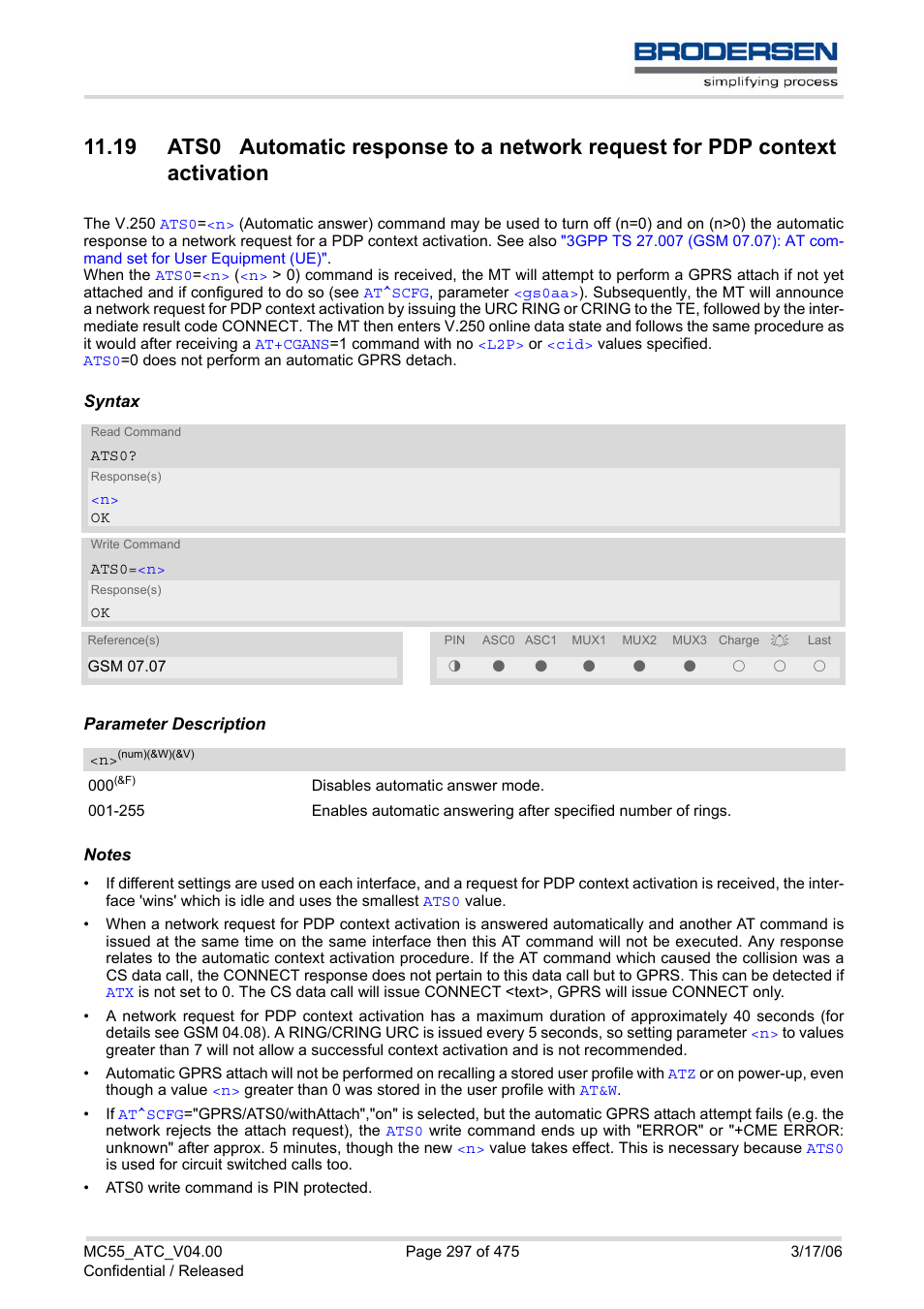 Ats0, 0) command is rec | Siemens Brodersen MC55 AT User Manual | Page 297 / 475