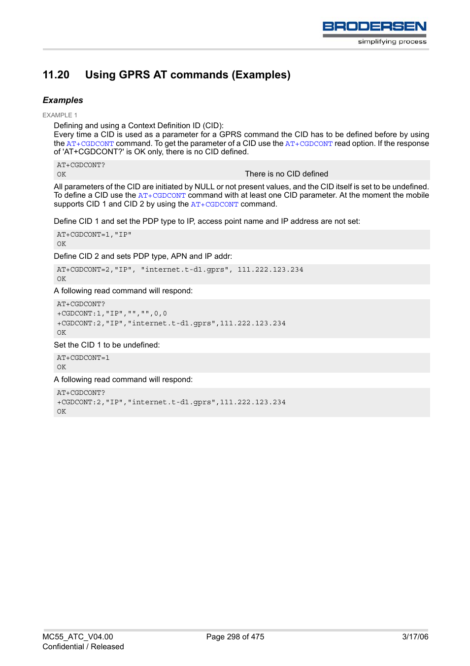 20 using gprs at commands (examples), Using, Gprs at commands (examples) | Using gprs at commands (examples) | Siemens Brodersen MC55 AT User Manual | Page 298 / 475