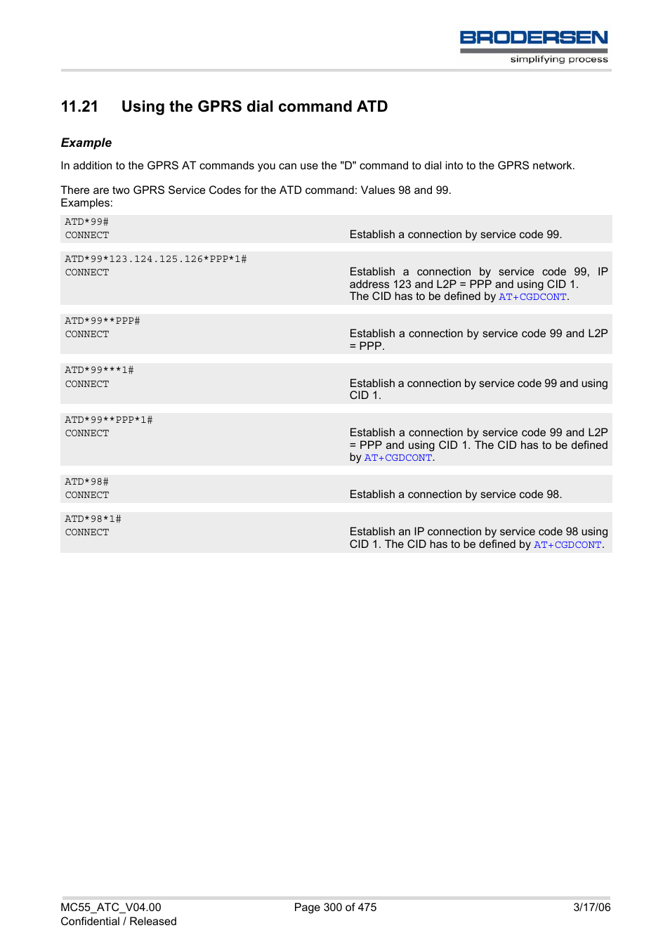 21 using the gprs dial command atd | Siemens Brodersen MC55 AT User Manual | Page 300 / 475