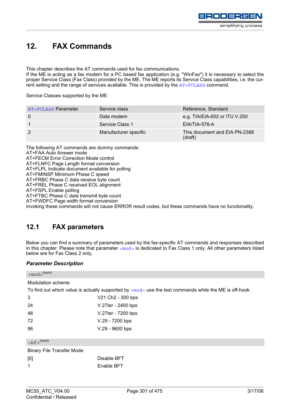 Fax commands, 1 fax parameters, Fax commands 12.1 fax parameters | Fax parameters | Siemens Brodersen MC55 AT User Manual | Page 301 / 475