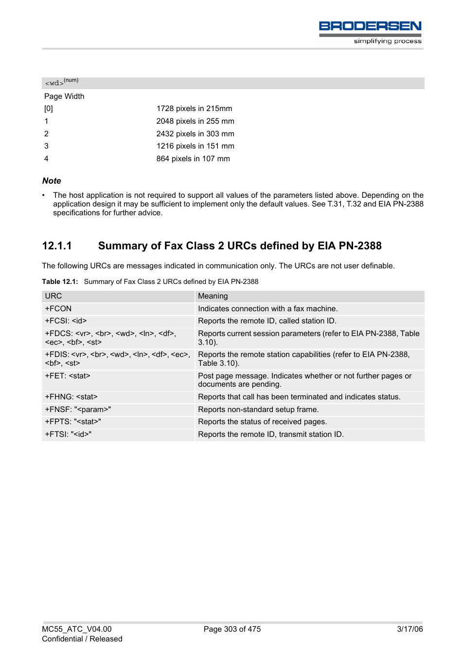 Summary of fax class 2 urcs defined by eia pn-2388, Table 12.1 | Siemens Brodersen MC55 AT User Manual | Page 303 / 475