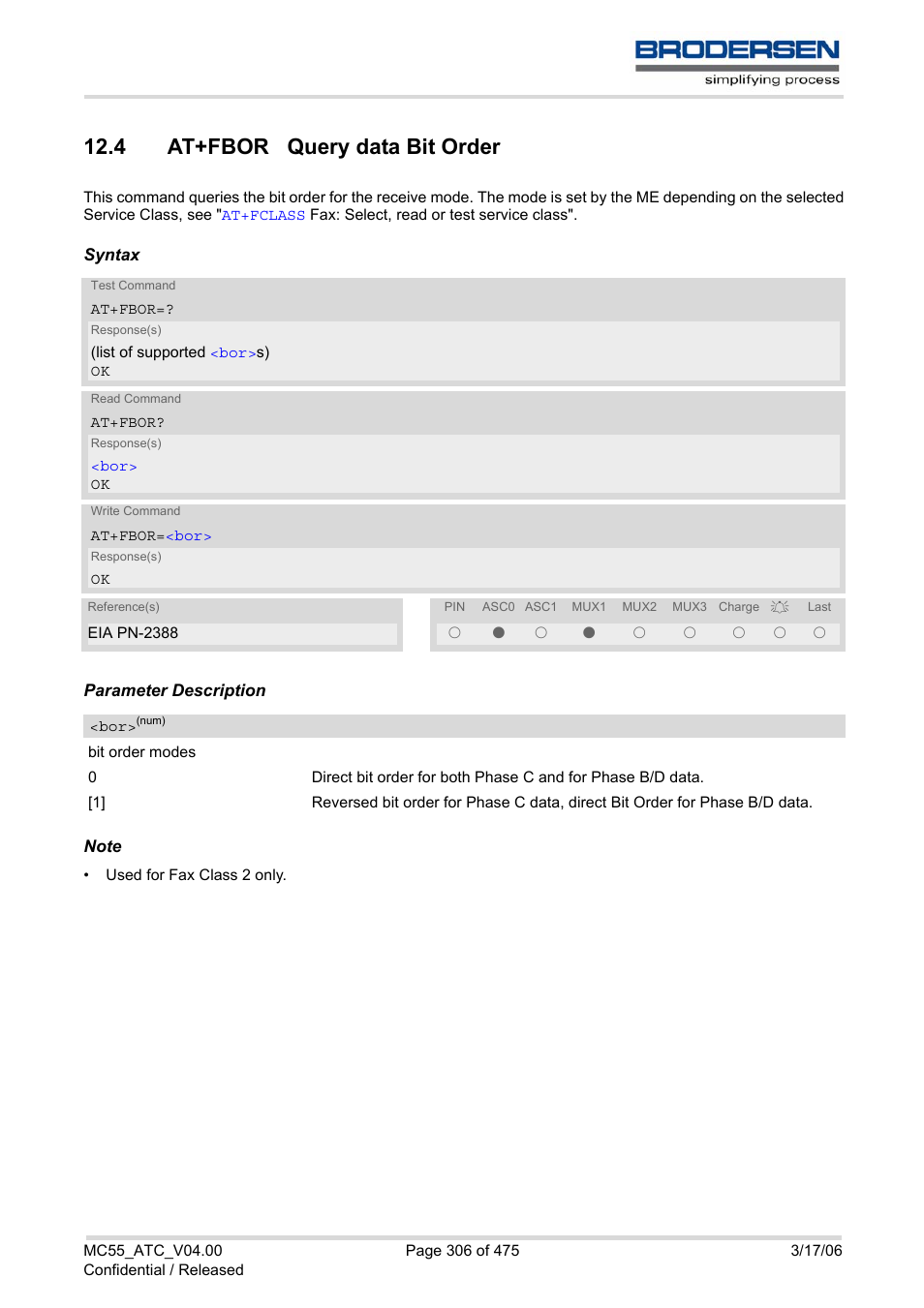 4 at+fbor query data bit order | Siemens Brodersen MC55 AT User Manual | Page 306 / 475