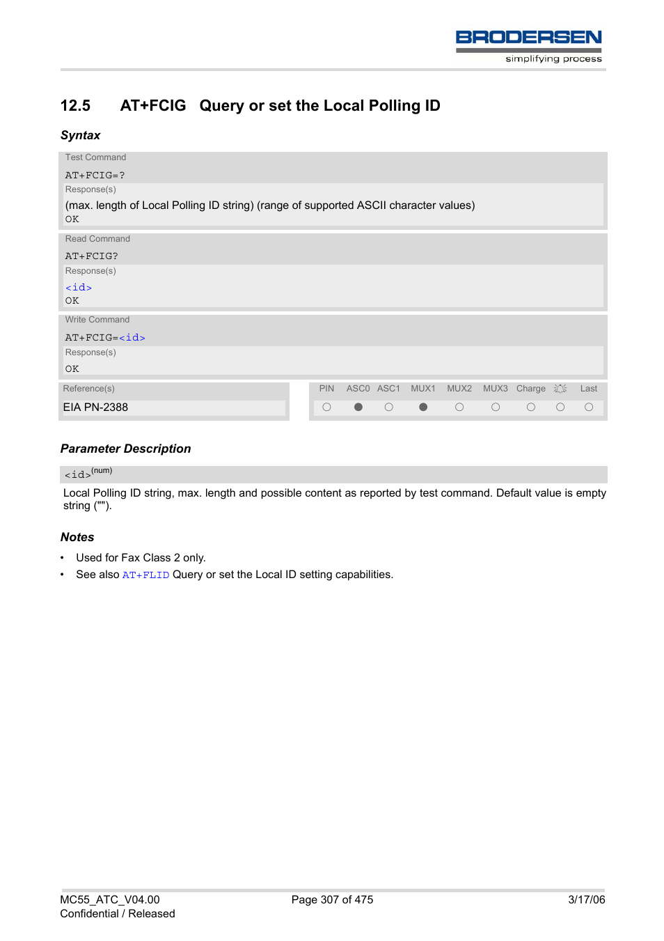 5 at+fcig query or set the local polling id | Siemens Brodersen MC55 AT User Manual | Page 307 / 475