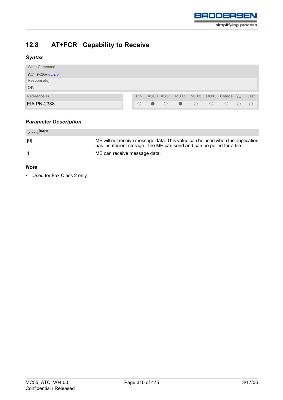 8 at+fcr capability to receive | Siemens Brodersen MC55 AT User Manual | Page 310 / 475