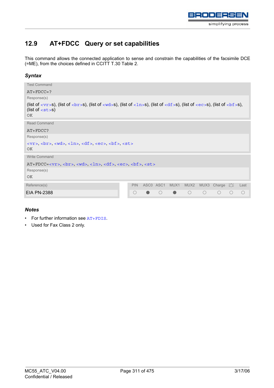 9 at+fdcc query or set capabilities | Siemens Brodersen MC55 AT User Manual | Page 311 / 475