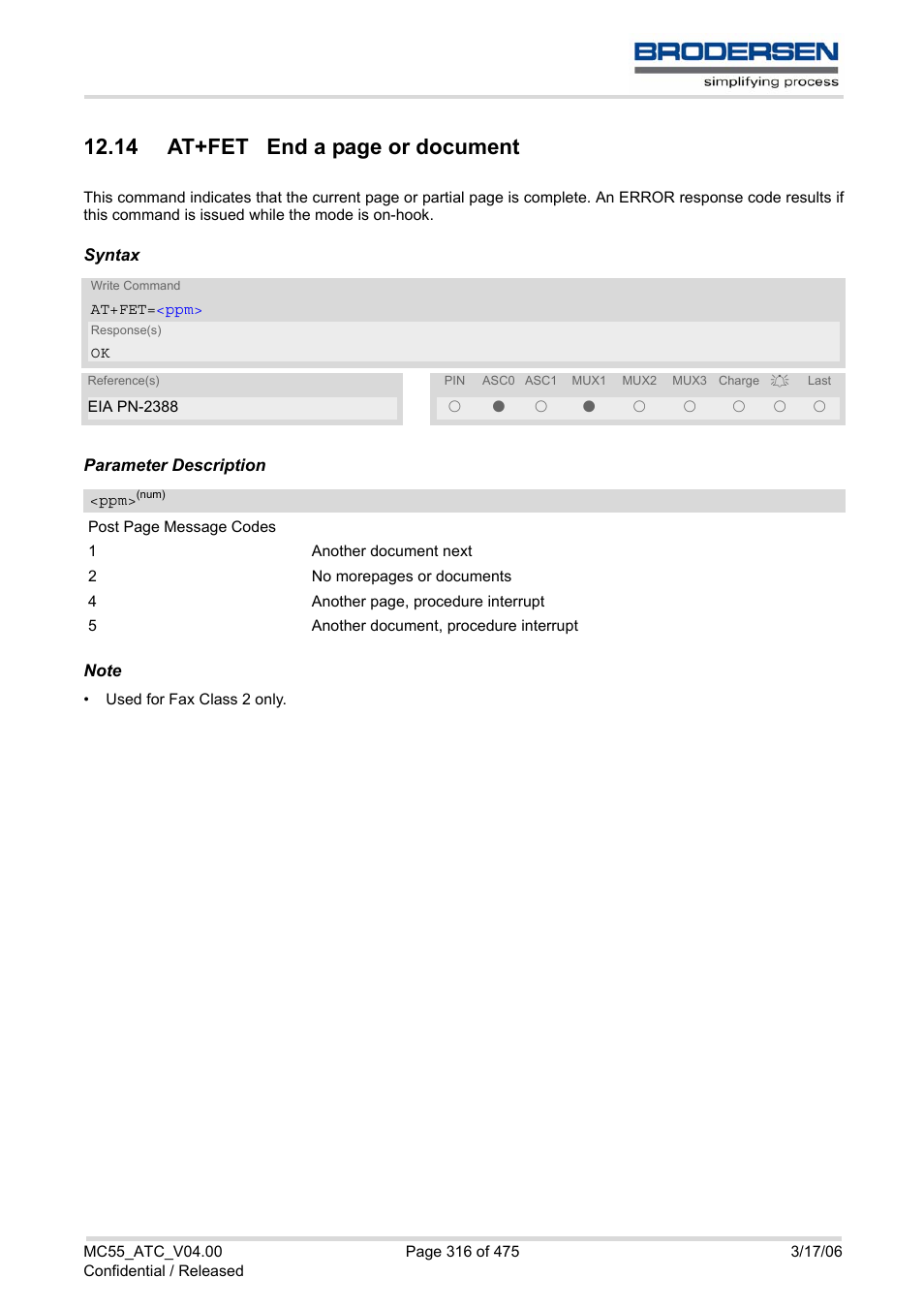 14 at+fet end a page or document | Siemens Brodersen MC55 AT User Manual | Page 316 / 475