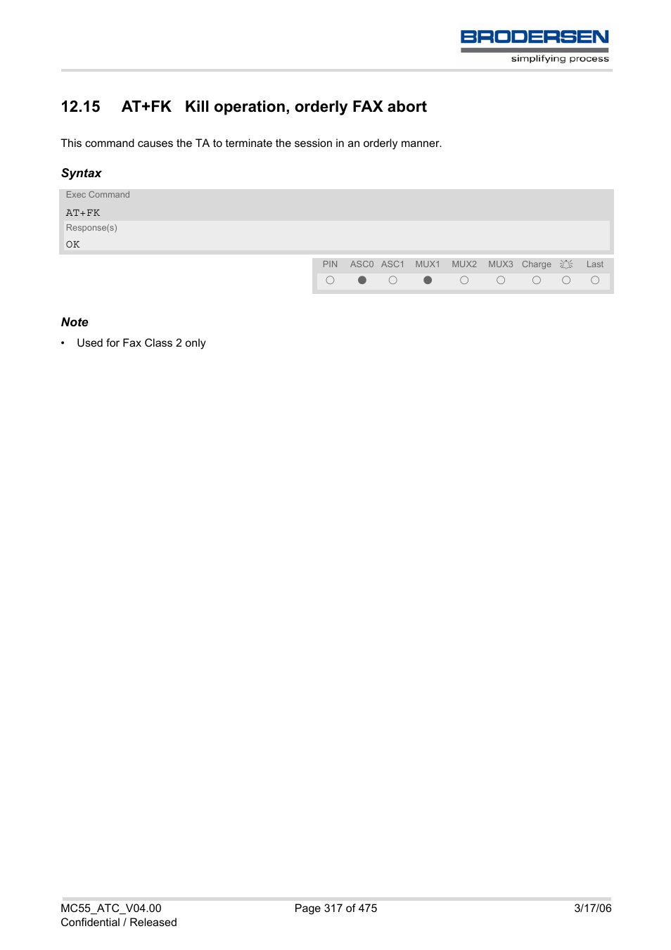 15 at+fk kill operation, orderly fax abort | Siemens Brodersen MC55 AT User Manual | Page 317 / 475