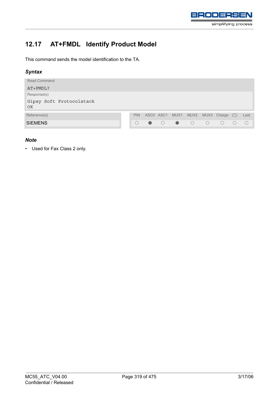 17 at+fmdl identify product model | Siemens Brodersen MC55 AT User Manual | Page 319 / 475