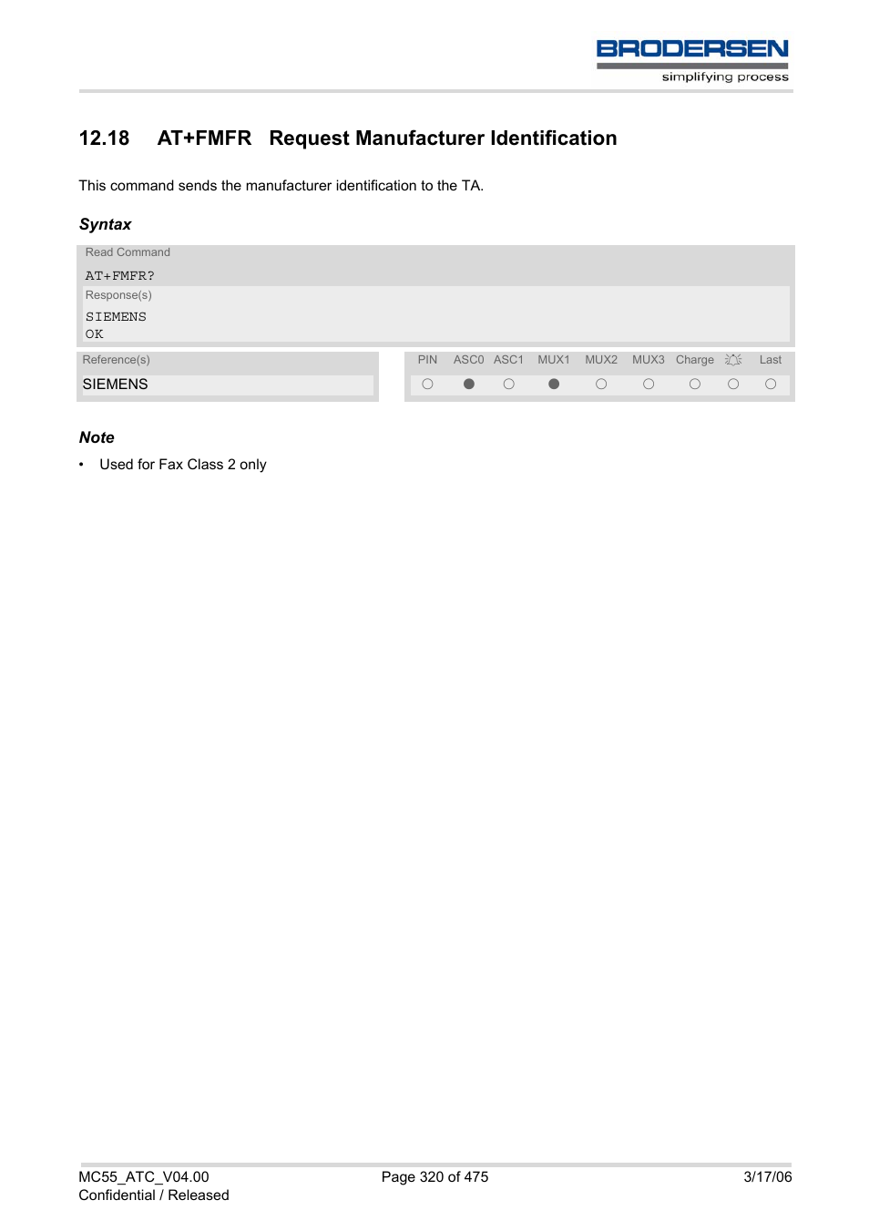 18 at+fmfr request manufacturer identification | Siemens Brodersen MC55 AT User Manual | Page 320 / 475