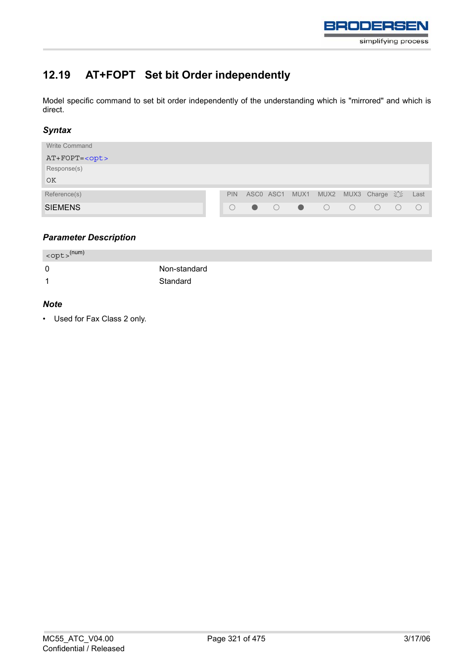 19 at+fopt set bit order independently | Siemens Brodersen MC55 AT User Manual | Page 321 / 475