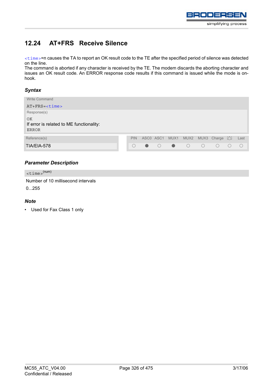 24 at+frs receive silence | Siemens Brodersen MC55 AT User Manual | Page 326 / 475