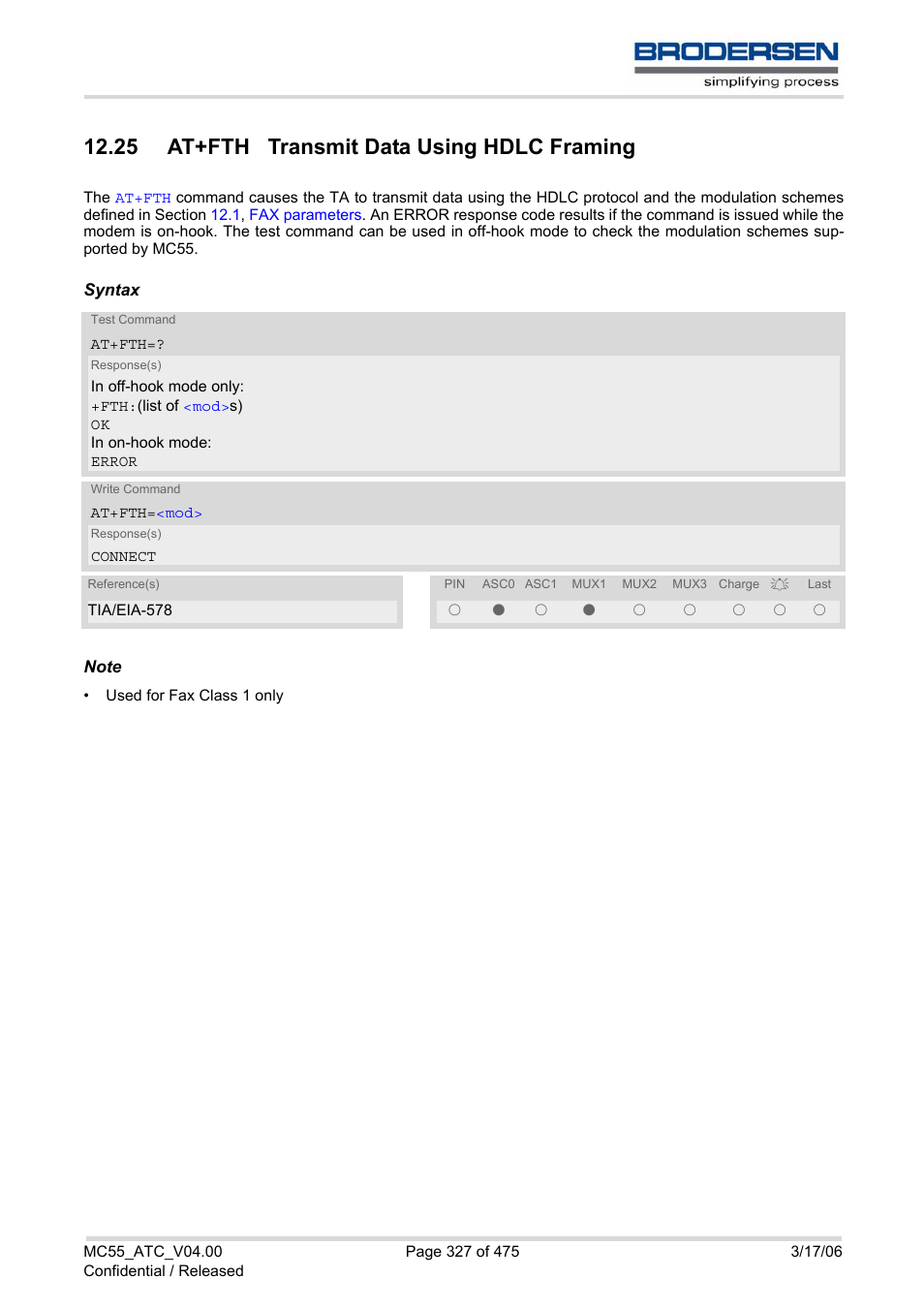 25 at+fth transmit data using hdlc framing | Siemens Brodersen MC55 AT User Manual | Page 327 / 475