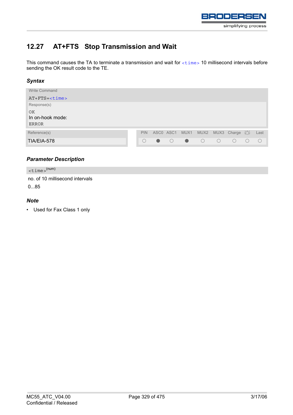 27 at+fts stop transmission and wait | Siemens Brodersen MC55 AT User Manual | Page 329 / 475