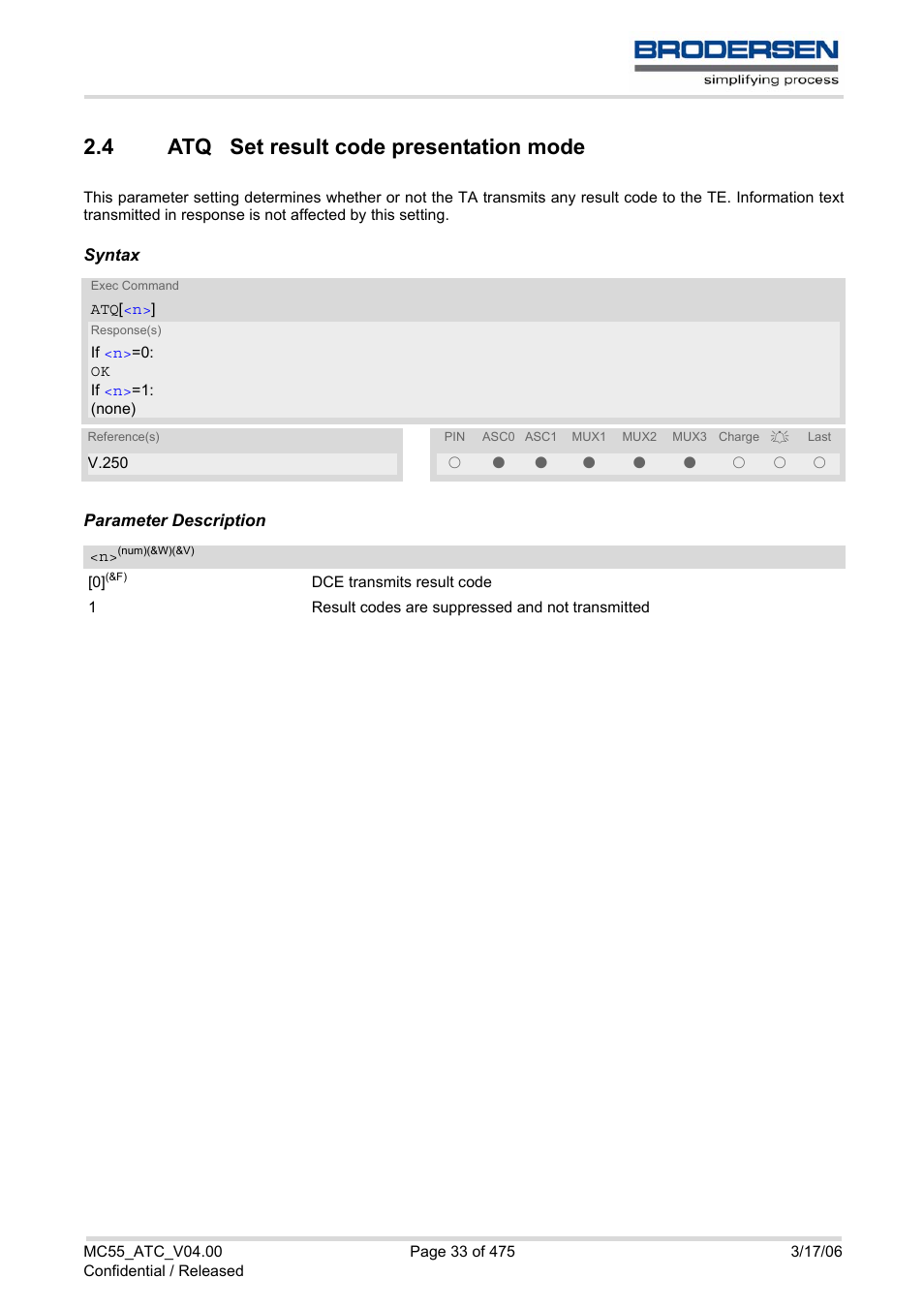 4 atq set result code presentation mode, Atq set result code presentation mode | Siemens Brodersen MC55 AT User Manual | Page 33 / 475