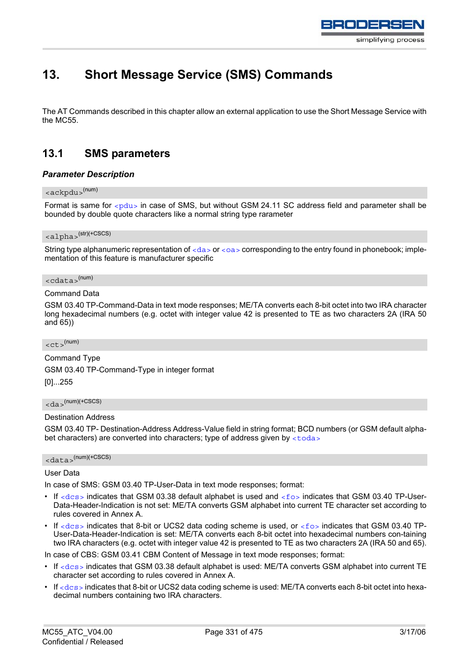 Short message service (sms) commands, 1 sms parameters | Siemens Brodersen MC55 AT User Manual | Page 331 / 475