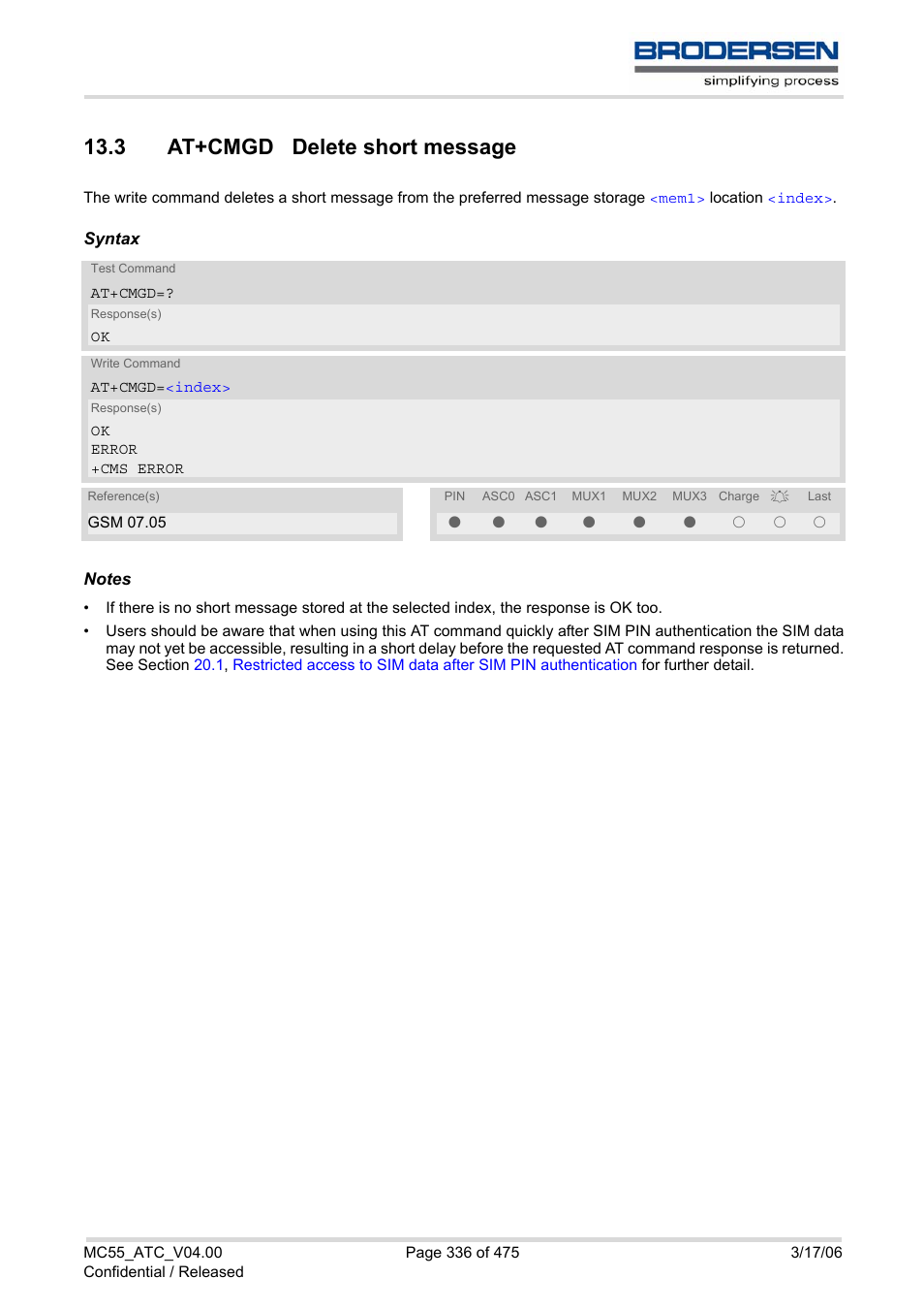 3 at+cmgd delete short message | Siemens Brodersen MC55 AT User Manual | Page 336 / 475