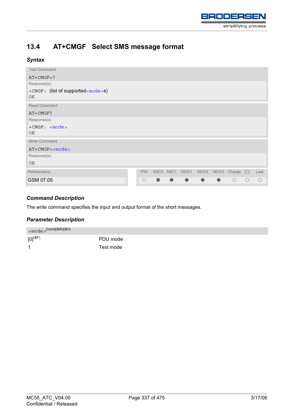 4 at+cmgf select sms message format, At+cmgf, Mode | Siemens Brodersen MC55 AT User Manual | Page 337 / 475