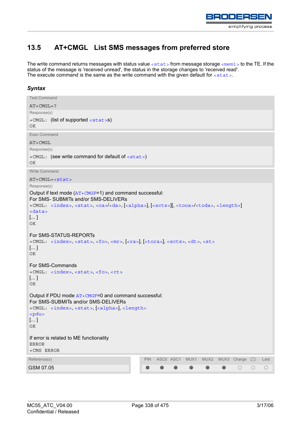 5 at+cmgl list sms messages from preferred store | Siemens Brodersen MC55 AT User Manual | Page 338 / 475