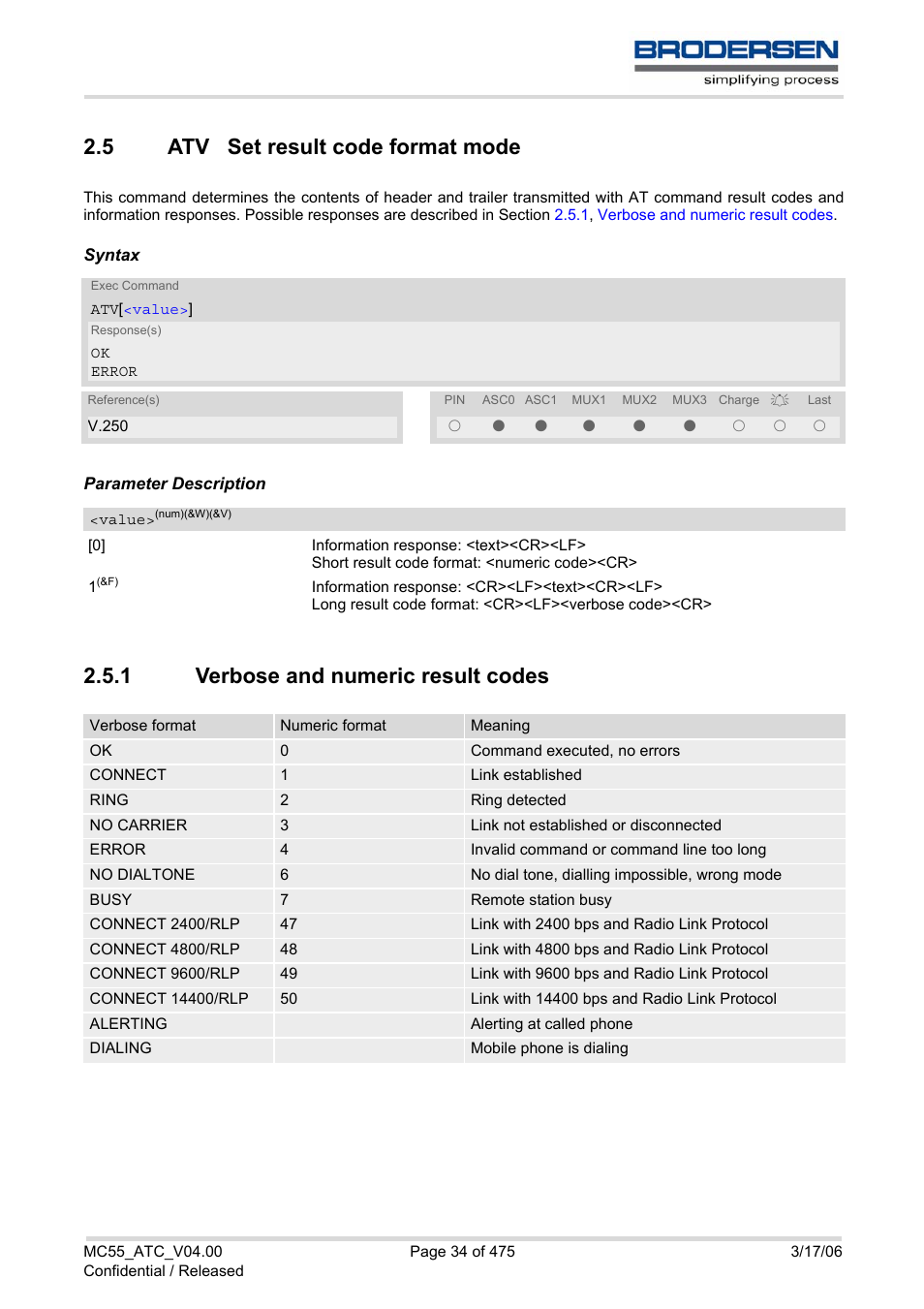 5 atv set result code format mode, 1 verbose and numeric result codes, Atv set result code format mode 2.5.1 | Verbose and numeric result codes | Siemens Brodersen MC55 AT User Manual | Page 34 / 475