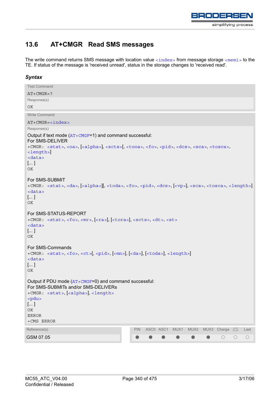 6 at+cmgr read sms messages | Siemens Brodersen MC55 AT User Manual | Page 340 / 475