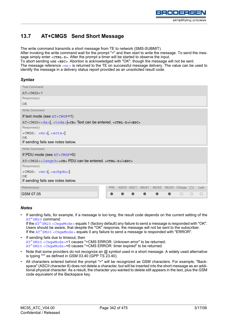 7 at+cmgs send short message, At+cmgs | Siemens Brodersen MC55 AT User Manual | Page 342 / 475