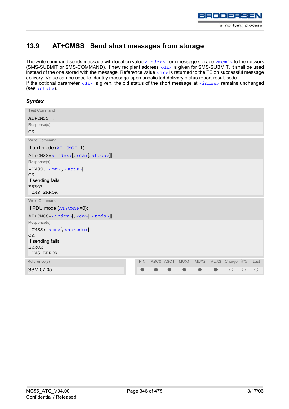 9 at+cmss send short messages from storage | Siemens Brodersen MC55 AT User Manual | Page 346 / 475