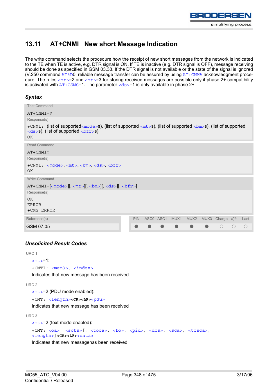 11 at+cnmi new short message indication, At+cnmi, With | Mmand | Siemens Brodersen MC55 AT User Manual | Page 348 / 475