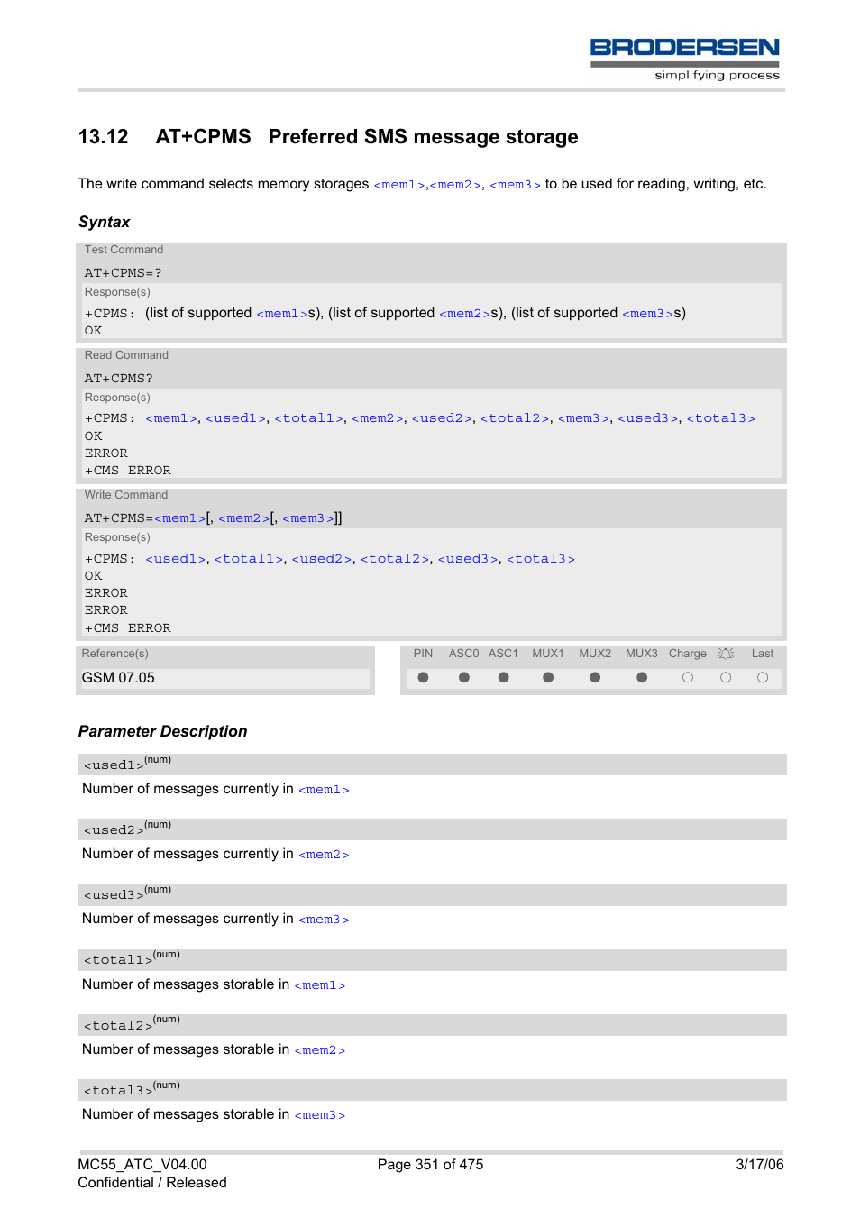 12 at+cpms preferred sms message storage, At+cpms | Siemens Brodersen MC55 AT User Manual | Page 351 / 475