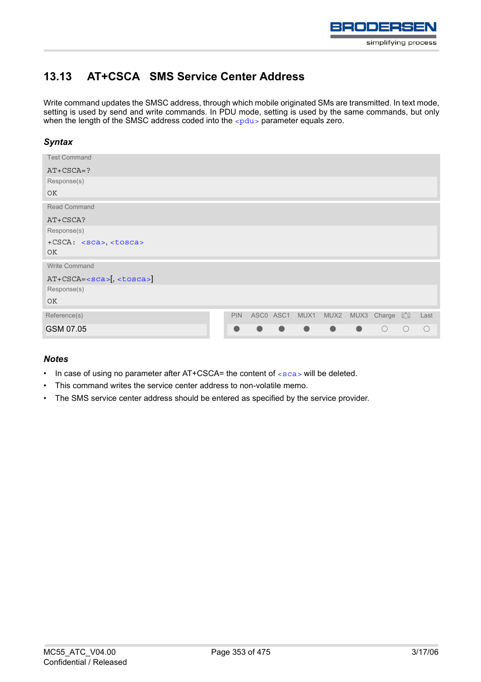 13 at+csca sms service center address | Siemens Brodersen MC55 AT User Manual | Page 353 / 475