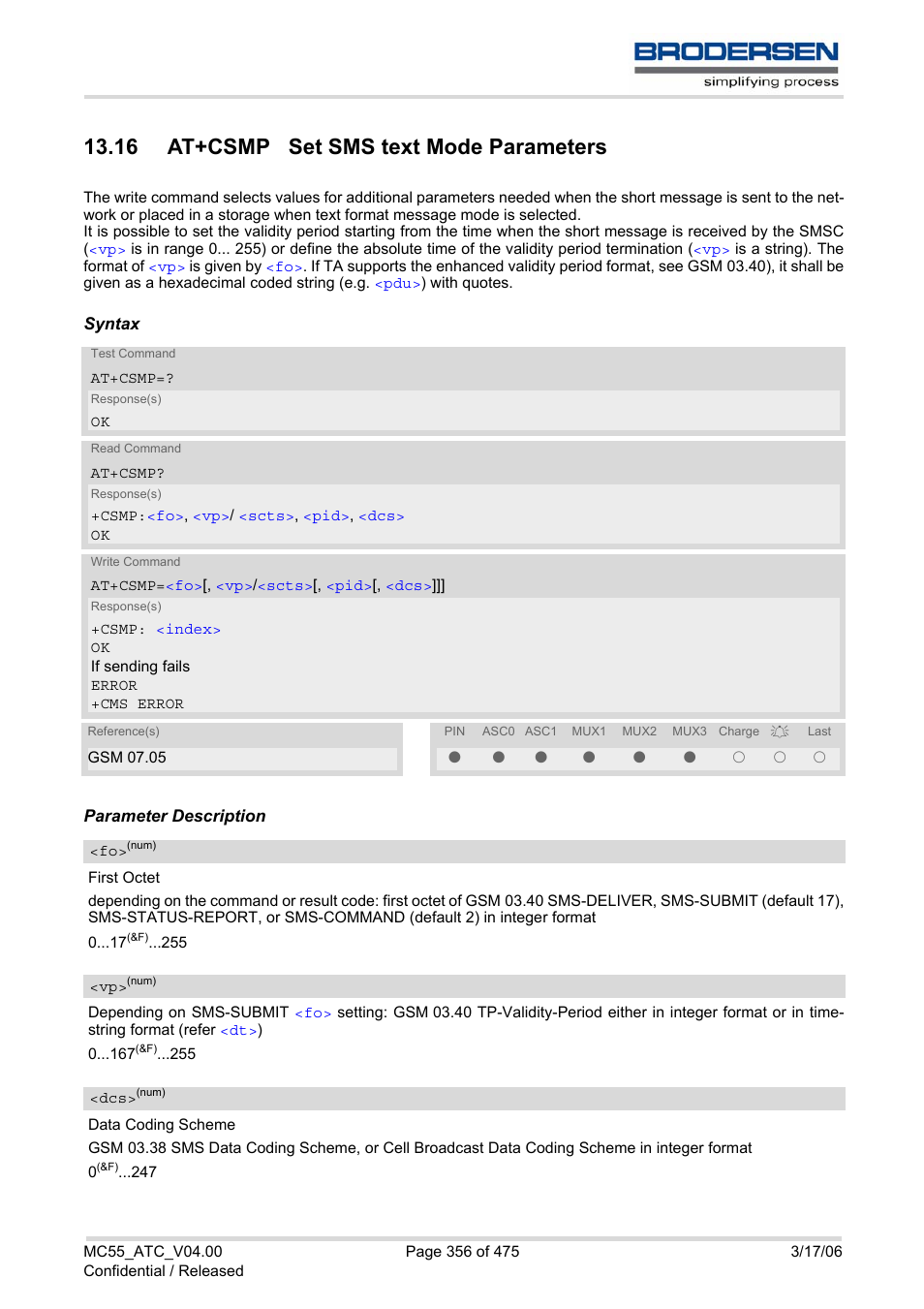 16 at+csmp set sms text mode parameters, At+csmp, 0 and 1 in the | Siemens Brodersen MC55 AT User Manual | Page 356 / 475