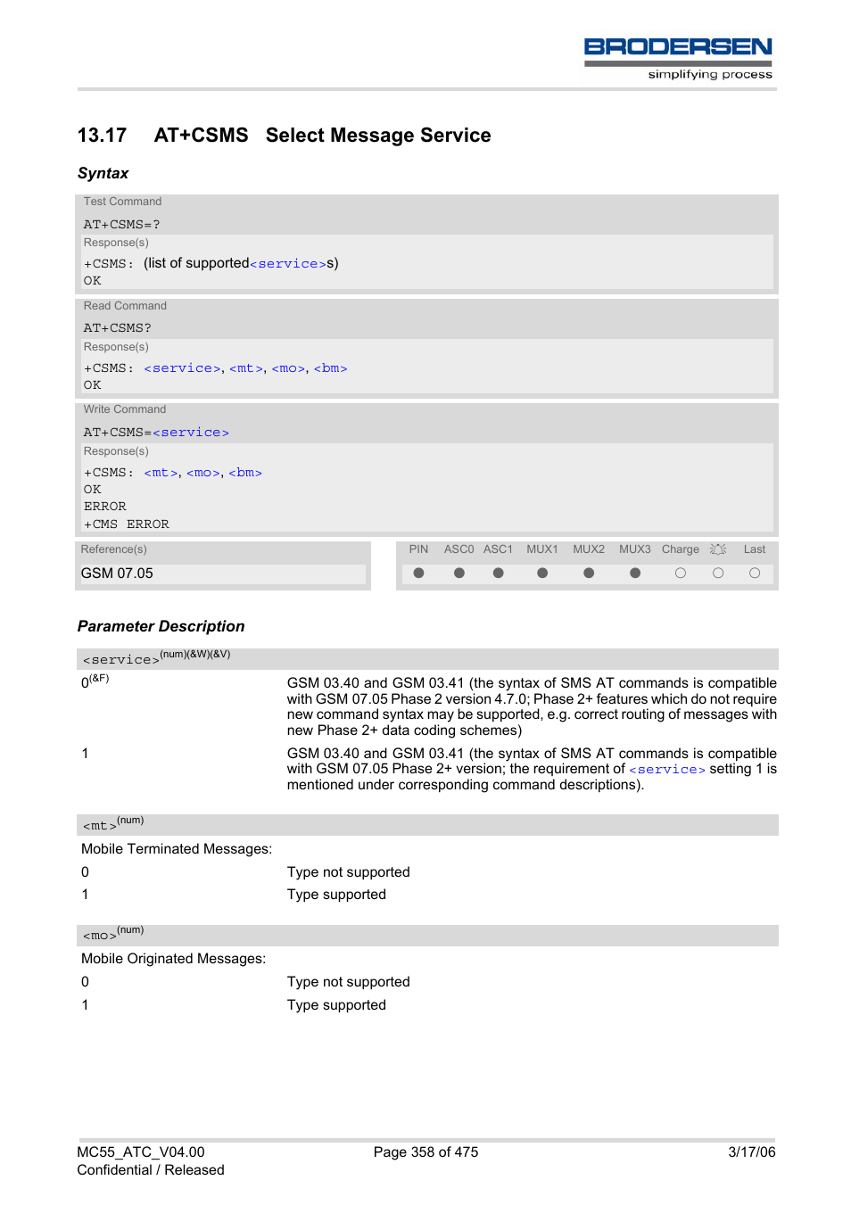 17 at+csms select message service, At+csms, Service | Siemens Brodersen MC55 AT User Manual | Page 358 / 475