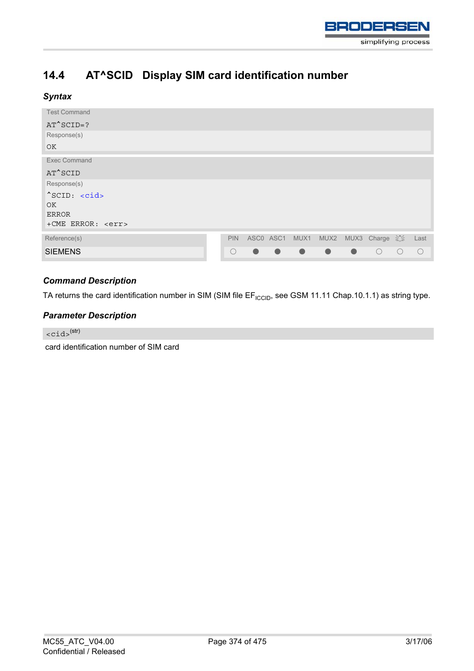 4 at^scid display sim card identification number | Siemens Brodersen MC55 AT User Manual | Page 374 / 475