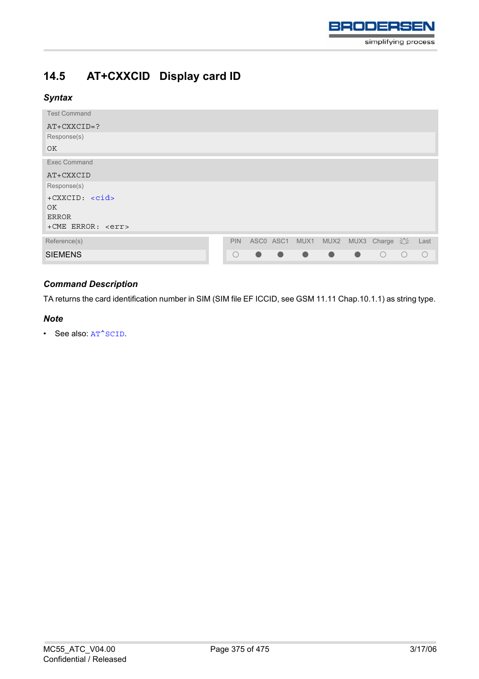 5 at+cxxcid display card id | Siemens Brodersen MC55 AT User Manual | Page 375 / 475
