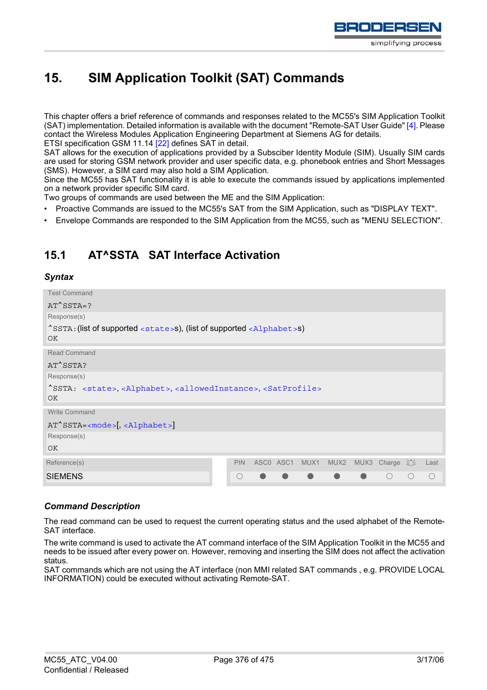 Sim application toolkit (sat) commands, 1 at^ssta sat interface activation | Siemens Brodersen MC55 AT User Manual | Page 376 / 475