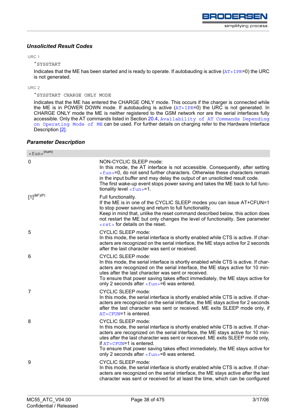 Sysstart, Mode, 7, 8 or | Call, Cyclic sleep mode, Cfun | Siemens Brodersen MC55 AT User Manual | Page 38 / 475