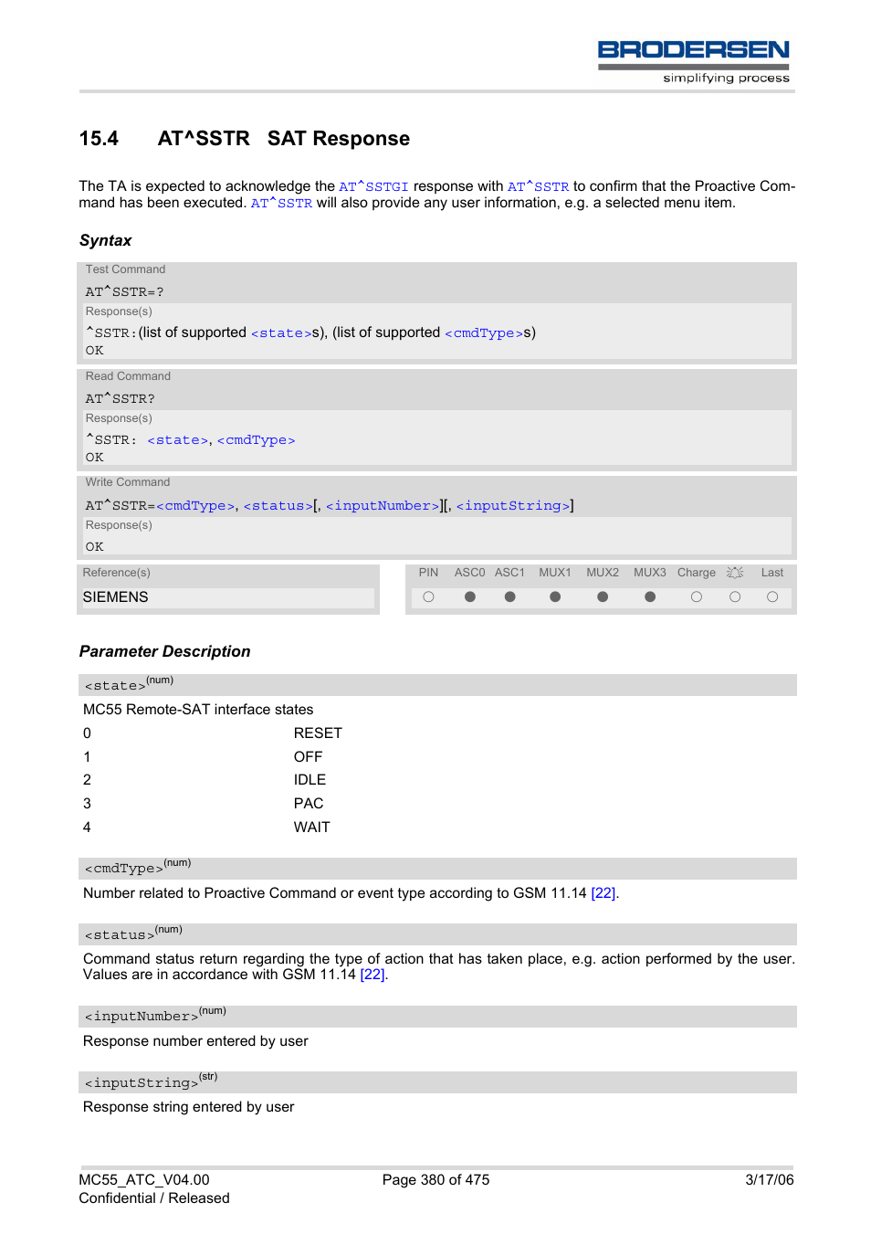 4 at^sstr sat response, At^sstr, To con | Rectly, i.e | Siemens Brodersen MC55 AT User Manual | Page 380 / 475