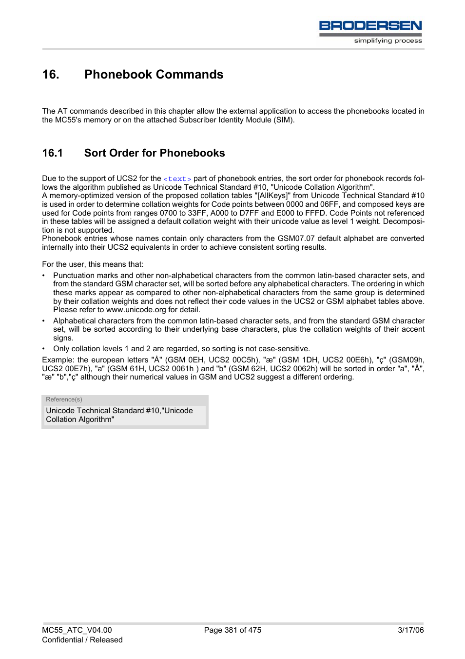 Phonebook commands, 1 sort order for phonebooks, Phonebook commands 16.1 sort order for phonebooks | Siemens Brodersen MC55 AT User Manual | Page 381 / 475