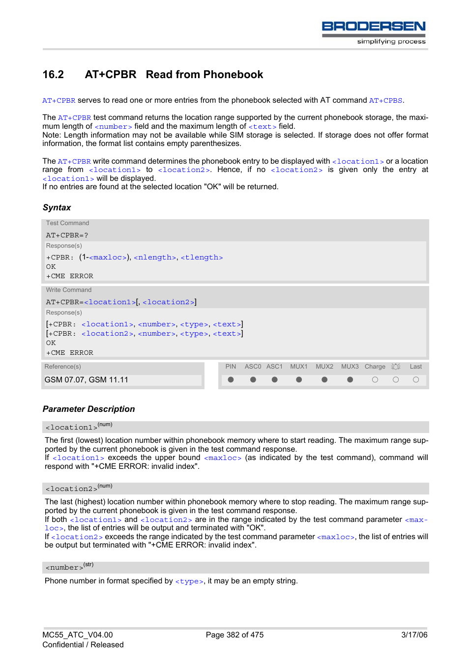 2 at+cpbr read from phonebook, At+cpbr | Siemens Brodersen MC55 AT User Manual | Page 382 / 475