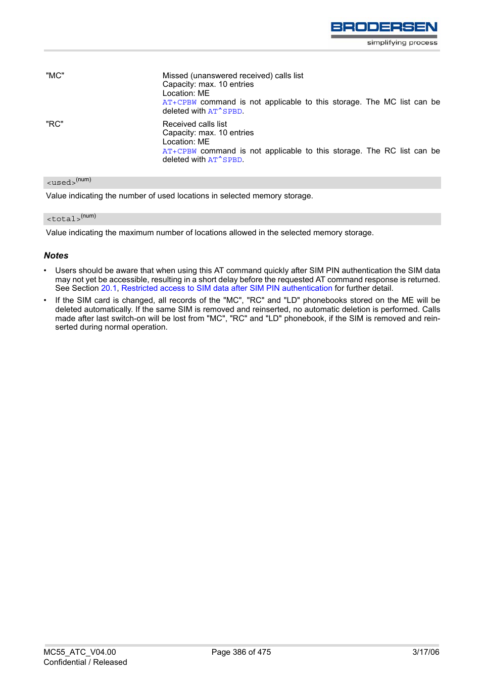 Used, Total | Siemens Brodersen MC55 AT User Manual | Page 386 / 475