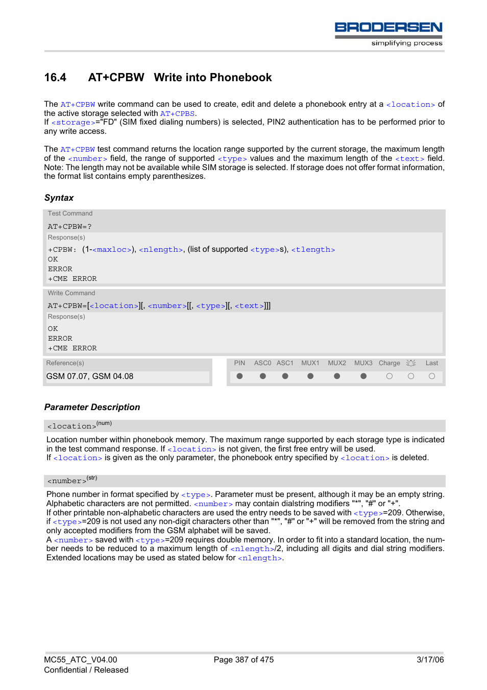 4 at+cpbw write into phonebook, Number, At+cpbw | Siemens Brodersen MC55 AT User Manual | Page 387 / 475
