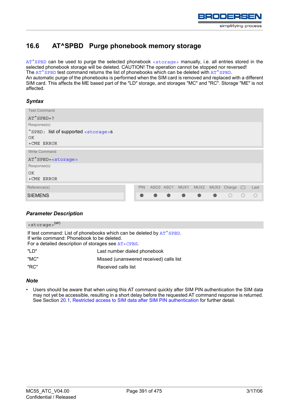 6 at^spbd purge phonebook memory storage, With, At^spbd | Siemens Brodersen MC55 AT User Manual | Page 391 / 475